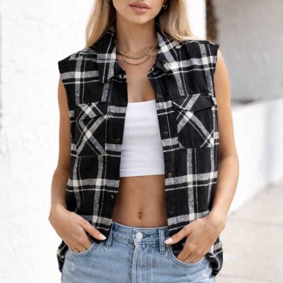 Oat Plaid Wool Blend Snap Button Vest Layering - Picture 12 of 13